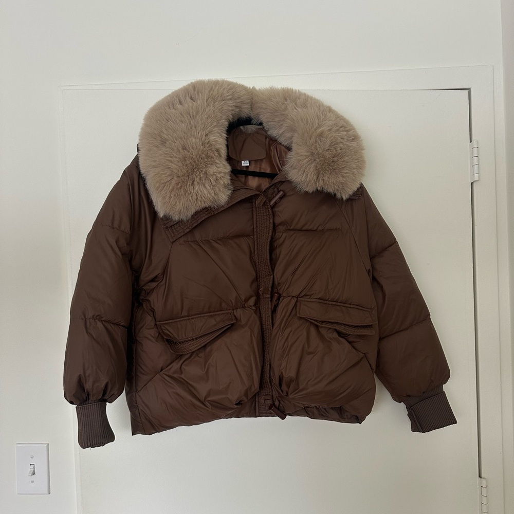 Brown Puffer Jacket with Fur Collar
